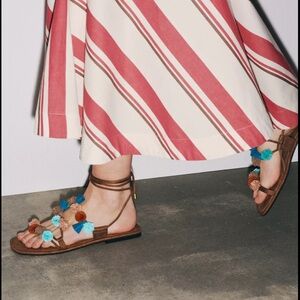 New ZARA Beaded Pom Pom Strappy Flat Sandal Sz 9
